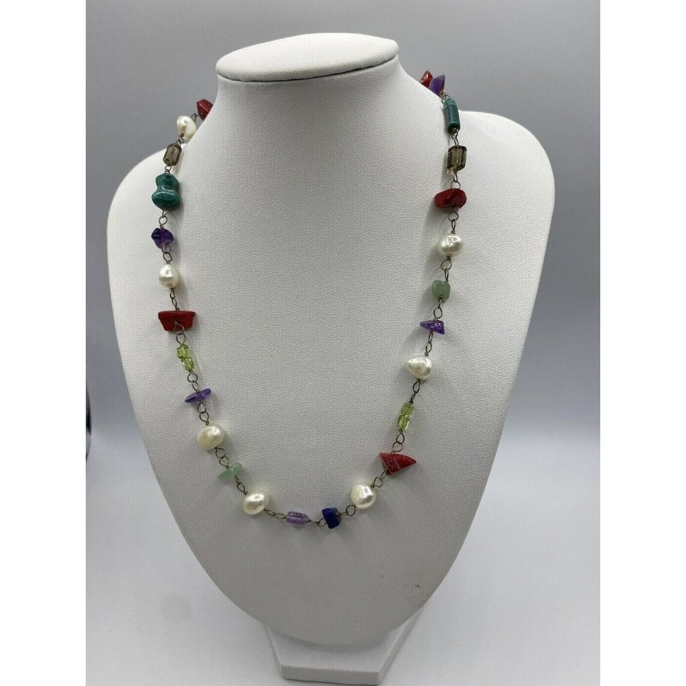 Vintage Multi Stone Beaded Necklace Colorful Chakra 16”